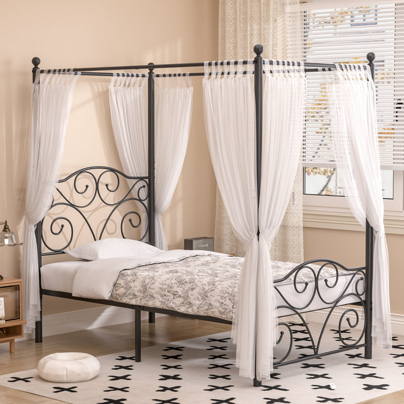 Auxter Metal Canopy Platform Bed Frame Twin Size Four Poster Canopied Bed Mattress Foundation with Headboard and Footboard Wade Logan Color Black